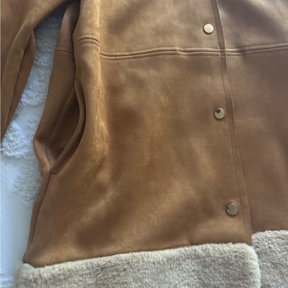 Zara Ladies Coat Faux Suede Sheepskin Shearling  Fur Lightweight Tan Cream  S - Picture 13 of 16